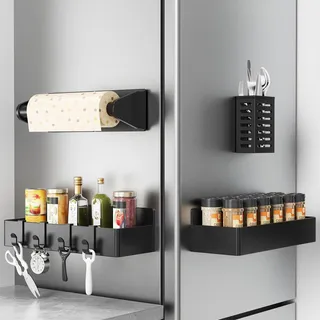 Nieifi Magnetisches Gewürzregal für den Kühlschrank,4 Pack Kühlschrank Organizer mit Papierhandtuchhalter und Hakenleiste,Wandregal Hängend für Küchen,Beweglicher Kühlschrank Vorratsorganizer