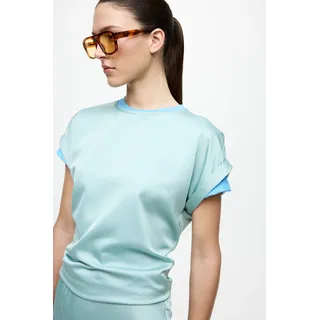Kurzarmshirt VILA "VIELLETTE S/S SATIN TOP - NOOS", Damen, Gr. 40, blau surf, Satin, Obermaterial: 100% Polyester, unifarben, regular fit normal, Rundhals, mit Umschlag, Shirts Kurzarmshirt, Kunstfaser, regular fit, Topseller