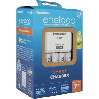 Panasonic eneloop Smart Ladegerät, für 1-4 AA/AAA NI-MH Akkus, 7 Stunden Ladezeit, 7 Sicherheitsfunktionen, inkl. 4 eneloop AA Akkus (2000 mAh)