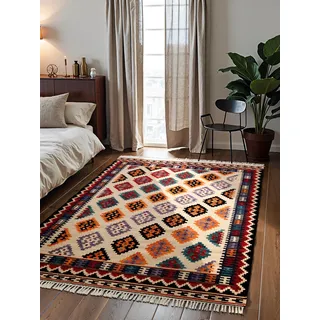 HANSE HOME Afghan Kelim Teppich Kian - Bunter Traditioneller Teppich Handgewebt, Wolle & Baumwolle - Afghanischer Stil Oriental mit Fransen für Wohnzimmer, Schlafzimmer - Creme Multi, 200x290 cm