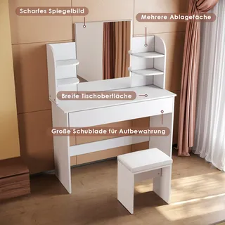 SONNI Schminktisch Weiß 108 cm breit mit Spiegel und Hocker - Weiß