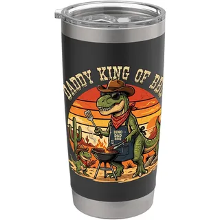 Lustiger T-Rex-Dinosaurier für Herren, Aufschrift "Daddy King Of BBQ", Vatertag Doppelwandiger Edelstahl-Thermobecher