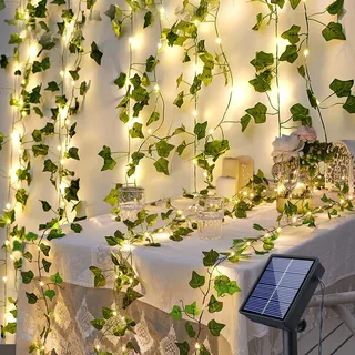 Fohil Künstlicher Efeu Lichterkette 100LED 12M Lichterkette Außen Solar, 8 Modi Wasserdicht Solarlichterkette für Garten, Balkon, Hochzeit, Zaun,Weihnachten, Dekorationen