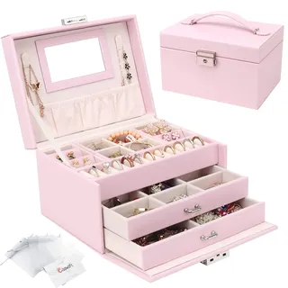 Schmuckkasten, Schmuckkästchen mit Schubladen für Damen Mädchen, PU-Leder Schmuckbox Schmuckschatulle Groß Schmuck Organizer für Ringe Ohrringe Armbänder Halsketten, Rosa