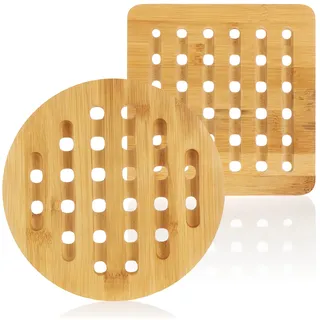 com-four® 2X Topfuntersetzer aus Bambus - langlebige Unterlagen für Töpfe, Pfannen, Auflaufformen und Teller - Holz-Untersetzer - Untersatz als Hitzeschutz (2X Bambus - rund/eckig)