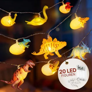CozyHome Dino Lichterkette Kinderzimmer Deko Junge - 12 LED Figuren & 3m Batteriebetrieben I Bett Hausbett Junge Mädchen Kinder Lichterketten I Deko Kinderzimmer Lichterkette Kinderwagen Dino Laterne - Schwarz