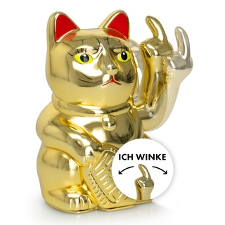 ANGRY CAT - Winkekatze Lucky CAT - Lustige winkende Katze - japanische Winkkatze - Dekoartikel Wackelfigur Katze Winke-Arm - 15cm, Gold