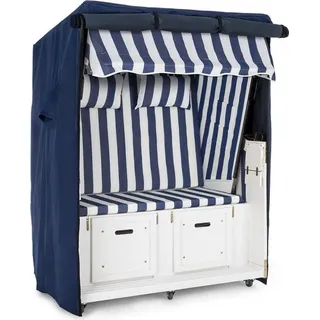 Blumfeldt Hiddensee Strandkorb Set + Wetterschutzhülle + Bodenrollen (5-stufig absenkbare Haube, ausziehbare Fußstützen mit Polster, 2 Nackenkissen, Klapptische) blau-weiß - Blau