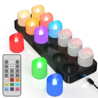 PChero LED Bunte Teelichter Wiederaufladbar mit Ladestation, 12er RGB Multicolour LED Kerzen Aufladbar Flackernd mit Fernbedienung und Timer für Halloween Kürbis Weihnachten Party Deko