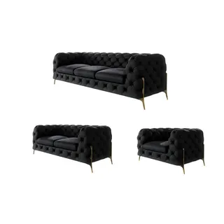 s-style möbel - Chesterfield Polstergarnitur 3+2+1 Nova mit Goldene Metall Füßen aus Schwarz Samtstoff, B/T/H: 3er - 243 cm/ 100 cm/ 75 cm - Schwarz