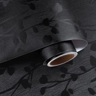 VaryPaper Selbstklebende Tapete Schwarz Fototapete Blätter Vintage 40cmx200cm Klebefolie Muster Dekofolie Möbelfolie Schwarz Matt Geprägte Tapete Wohnzimmer Schlafzimmer Kommode Regal Schrankfolie