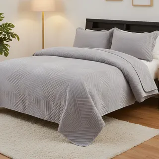 SHANNA Quilt Tagesdecken 3-teilige Set: Ganzjahres-Ultraweiche Mikrofaser Kuschel-Steppdecke, Kingsize 220 x 240 cm Komfort Set mit 2 Kopfkissenbezügen 50 x 70 cm, Vollbettwäsche Sets (Hellgrau-C)