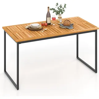 Akazienholz Esstisch, 140 cm rechteckiger Gartentisch mit Akazienholz Tischplatte, Metallbeinen & Sonnenschirmloch für 6-8 Personen, Natur + Schwarz - Schwarz, Hellbraun