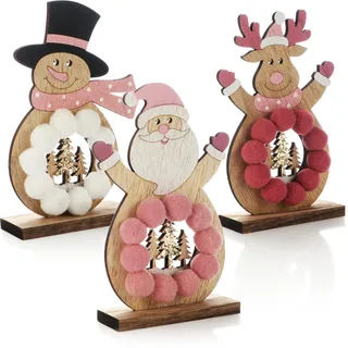 com-four® 3X Holz-Aufsteller für Weihnachten - Rentier, Weihnachtsmann und Schneemann aus Holz zum Hinstellen - Deko Holzfiguren Zierschmuck (3X X-Mas - rosé/weiß/rosa)