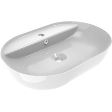 ERCOS Ovales Aufsatzwaschbecken aus Keramik, Badwaschbecken Weiß glänzend mit integriertem Überlauf, Maße 616X415 MM