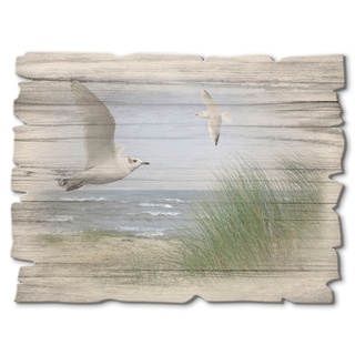 Artland Holzbild »Nordseestrand mit Möwen«, Strand, (1 St.), blau