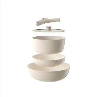 Töpfe und Pfannen Set Non-Stick, Keramik Kochgeschirr Set Abnehmbare/abnehmbare Griffe, RV Camping Küche Kochen Set, Geschirrspüler/Ofen/Kühlschrank Safe, Induktion, Platzeinsparung,Creme Weiß