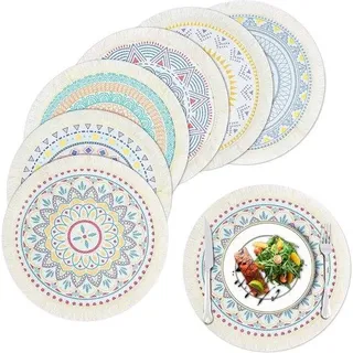 6 runde, boho-stijl, geflochten Placemats mit Bürsten - Landhaus-Mandalaprint - Tischdeko