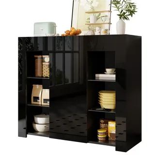 Redom Sideboard in Schwarz mit Hochglanz-Front und Glasregalen, 95/35/83 cm, Schwarz , Holzwerkstoff , 95x83x35 cm , Kleinmöbel, Kommoden, Sideboards