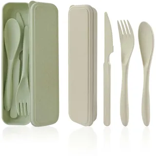 Reisebesteck mit Etui, Tragbare Camping Besteckset 2 Personen, Plastik Gabel Messer Löffel Besteck für Unterwegs Schulen, Lunchboxen, Camping, Partys Und Familien (Beige + Grün)
