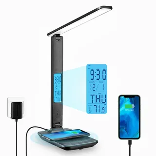 Schreibtischlampe LED Dimmbar mit Ladefunktion Uhr - Tischlampe Nachtlicht mit 10W Kabellosem Ladegerät, USB-Ladeanschluss Klappbare Schreibtisch Lampe, Touch 5-stufig Dimmbare Beleuchtung, 3 Modi