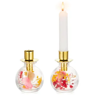 NUPTIO Kerzenständer Stabkerzen Kerzenhalter mit Trockenblumen: 2er Glas Stabkerzenhalter Gold Kerzenhalter Weihnachten Geschenke für Frauen Tischdeko Esstisch Frühling Boho Deko