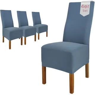 Scheffler Home Stuhlhussen Emma Blau 4er Set aus Jersey Baumwolle – Elastische Stuhlbezüge für Hochlehner und Polsterstühle, waschbar und formstabil, Oeko-TEX Zertifiziert