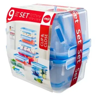 EMSA Clip & Close Frischhaltedosen, 9-teiliges Set, Platzsparend ineinander stapelbar, Set bestehend aus 8 Dosen und 2 Einsätzen