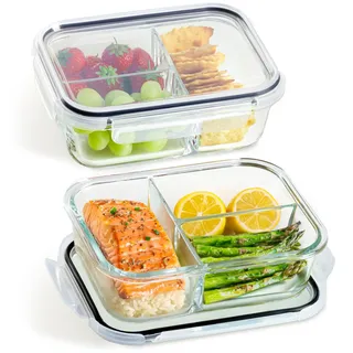 Praknu Meal Prep Boxen Glas 3 Fächer - Glasdosen 2er Set mit Deckel 1000ml - Luftdicht - BPA-Frei - Gefrierschrank & Mikrowellengeeignet