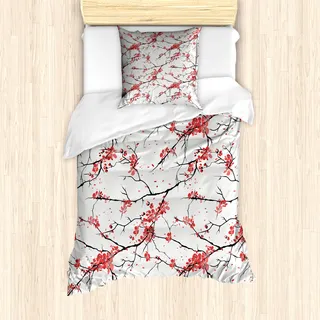 ABAKUHAUS Blume Bettbezug Set für Einzelbetten, Japanische Kirschblüten, Milbensicher Allergiker geeignet mit Kissenbezug, Korallen Schwarz - Schwarz