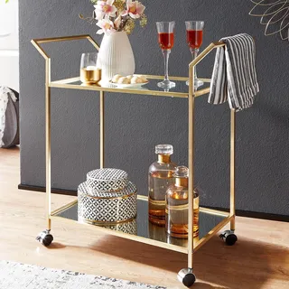 FineBuy goldener Design Servierwagen mit 2 Glasablagen gebremste Rollen Rollwagen Barwagen Teewagen Weinwagen für Küche Esszimmer Bar Trolley - Gold