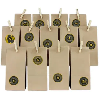 Adventskalender Set Muster Gold-Schwarz Rund mit Papiertüten und Holzklam. Y067