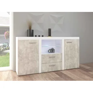 FURNIX Sideboard RIVAY Esszimmer, Wohnzimmer Kommode mit LED, 2 Schubladen und Glasvitrine klassisch, pflegeleicht modern Weiß Beton - Weiß, Grau, Beige