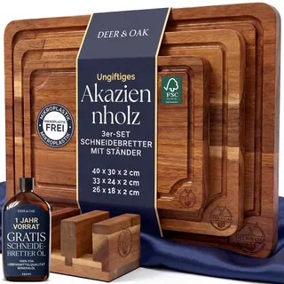 Deer & Oak 3-teiliges Akazien-Schneidebrett-Set mit Ständer, inklusive 250 ml Schneidebrettöl, FSC-zertifizierte, vorgeölte Schneidebretter aus Holz für Küchen, Hartholz-Küchenschneidebretter für