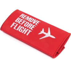 Remove Before Flight Koffergriff • Gepäckgriff mit Klettverschluß • Rot • Schrift und Flugzeug Weiss gestickt • ca. 12 x 6 cm