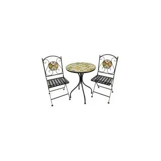Mosaik Eisen Set 3tlg. Gartenset Bistro Set Sitzgruppe Gartenmöbel klappbar - Bunt, Schwarz