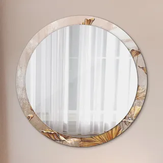 Runder Spiegel mit Modernem Aufdruck - Dekospiegel Wandmontage -golden Blätter- Ø100cm - Gold