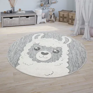 TT Home Kinderzimmer Outdoor Teppich Kinder Rund Spielteppich 3D Optik Lama Grau Größe 160 cm Rund - Grau