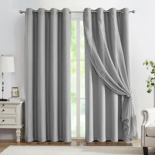 Verdunklungsvorhänge für Schlafzimmer, 244 cm Länge, Shabby-Chic-Stil, Mix and Match, 4 Stück, Vorhänge für Wohnzimmer, wärmeisoliert, dunkelgrau, Raumverdunkelungsvorhänge mit grauem Voile,