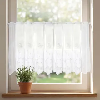 APLOS 4er Scheibengardine, BBistrogardine mit Schmetterlingen und Blumen, Weiß Halbtransparent Besticke, Scheibengardinen Modern Kurze Küchengardinen für Wohnzimmer, Wohnwagen (130x45cm, 90x45cm)