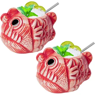 Tiki-Tassen-Set Fische Hawaii-Party-Becher aus Keramik für Cocktails hochwertiges Tassen-Set mit 2 Tassen für exotische Party