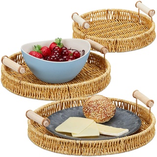 Relaxdays Serviertablett 3er Set, Esstablett mit Griffen, geflochtenes Tragetablett aus Seegras, hoher Rand, rund, Natur