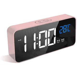 LATEC Digitaler Wecker mit Große LED Temperaturanzeige, Tischuhr mit 10 Musik, USB Ladeanschluss, 4 Helligkeit und Lautstärke Regelbar, Snooze, tragbarer Spiegelalarm mit 2 Alarmen, 12/24H, Rosa