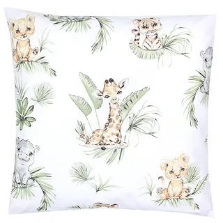TupTam Kinder Kissenbezug Kissenhülle Dekorativ Gemustert, Farbe: Safari/Löwe/Braun/Blätter/Grün, Größe: 80 x 80 cm