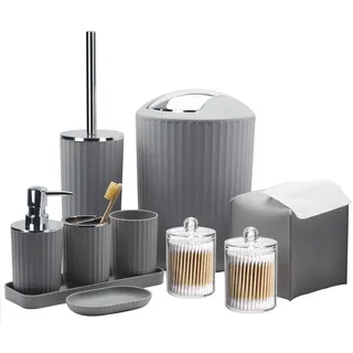 bthenov Badezimmer-Zubehör-Set,10-teiliges graues Badezimmer-Zubehör-Set mit Mülleimer, Zahnbürstenhalter und Tasse, Seifenspender, Seifenschale, WC-Bürstenhalter, Qtip-Halter, Taschentuchbox Abdeckung