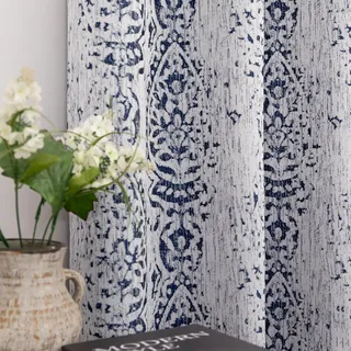 Vorhänge für Esszimmer, Boho-Stil, Damastmuster, Blumenmuster, 50 % lichtblockierend, Verdunkelungsvorhänge, bedruckt, für Wohnzimmer, Schiebetür, Terrassentür, 244 cm Länge, Indigoblau, 2er-Set