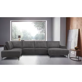 OTTO home Wohnlandschaft »XXL Sofa Oland, Struktur, Flachgewebe, Luxus-Microfaser, Boucle« U-Form, 345 cm, Wellenunterfederung, Skandi-Design, Metallfüße, grau