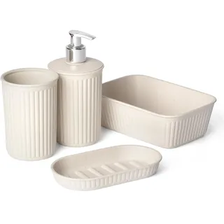 TATAY Badezimmer Zubehör Set 4-teilig (Zahnputzbecher + Seifenspender + Seifenschale + Organizer A6) Baobab ECOHOME, Polypropylen, BPA frei, 100% Recycelter Kunststoff, Beige