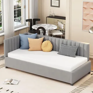 Ball & Cast Schlafsofa (90 * 200cm) Polsterbett mit Lattenrost, Tagesbett mit Armlehnen und Rückenlehne, Samt-Stoff, Ohne Matratze, Grau