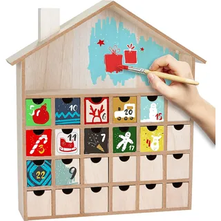 BRUBAKER Wiederverwendbarer Adventskalender zum Befüllen mit 24 Schubladen - DIY Weihnachtskalender zum Bemalen, Basteln und Selbstgestalten - Blanko Weihnachtshaus - 33,3 cm Höhe - Beige